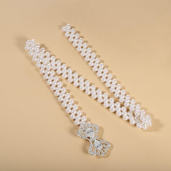 Women Bridal Pearl Belt White Beaded Crystal Rhinestone Retro Waist Belt 4912 - Picture 7 of 8